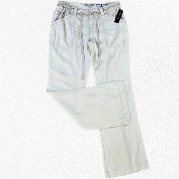 Miss Me Beige Linen Blend Wide Leg Cargo Boho Pants Size Large Y2K 2010s Style - Picture 1 of 14